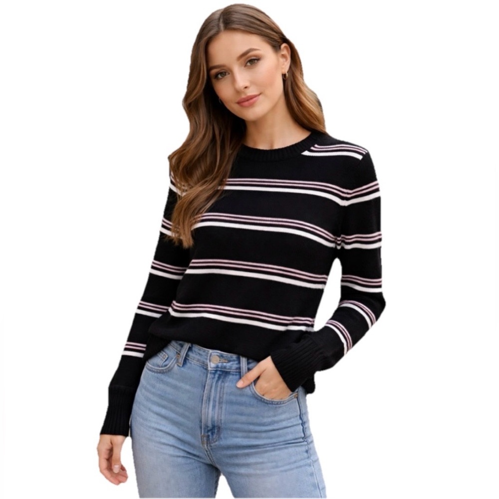 Equipment Striped Long Sleeve Button Shoulder Women’s Black Sweater Size Small